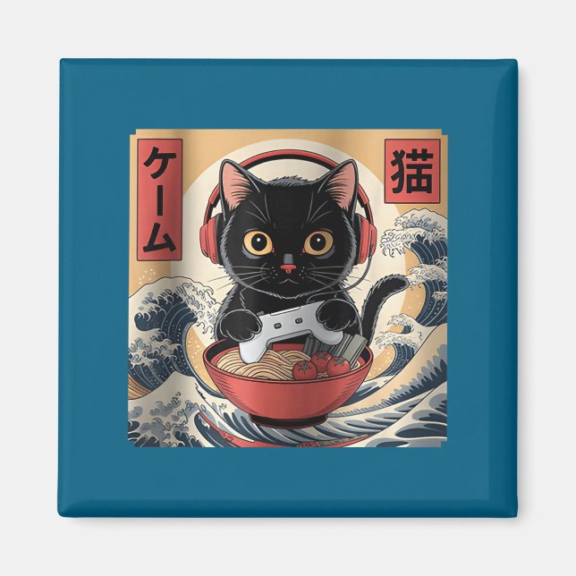 Íman Cute Kawaii Gamer Cat Funny Ramen Retro Japanese C (Frente)