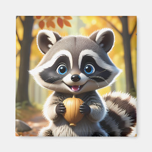 Íman Cute Kawaii style Racoon segurando uma bolota