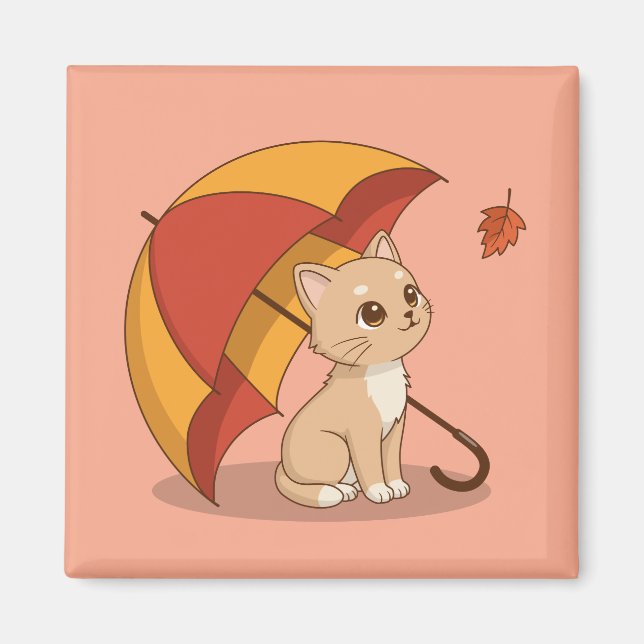 Íman Cute Kitten Cat Red Yellow Umbrella Fall Pink (Frente)