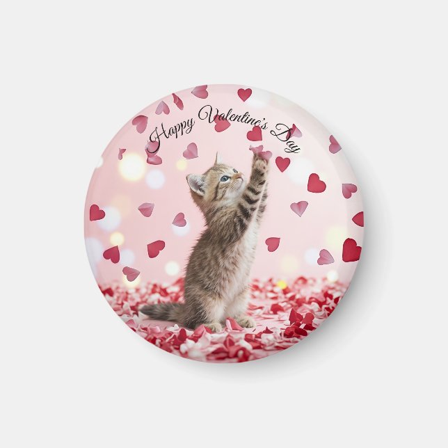 Íman Cute Kitten Catching Valentine Heart Petals (Frente)