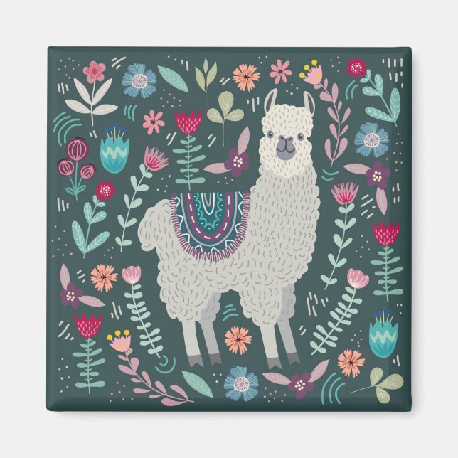 Íman Cute Llama Floral Design (Frente)