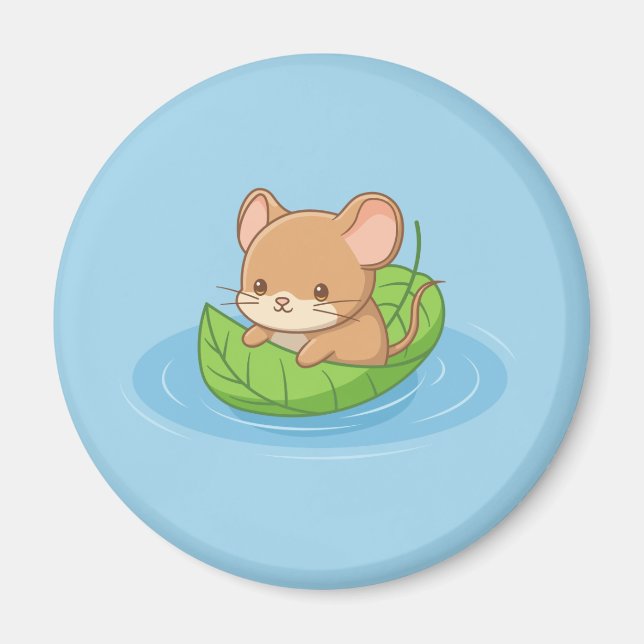 Íman Cute Mouse in a Leaf Boat Blue (Frente)