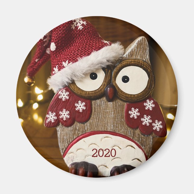 Íman Cute Owl Christmas Wood (Frente)