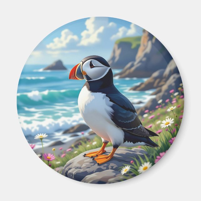 Íman Cute Puffin na praia temática   (Frente)