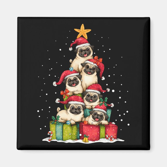 Íman Cute Pug Le Dog Christmas Tree Xmas Hat Long Sleev (Frente)