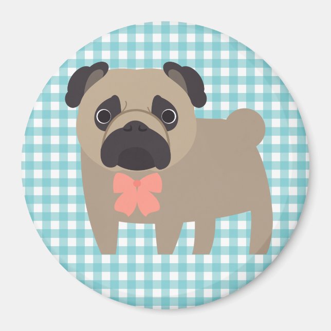 Íman Cute Pug sobre Design de Gingham Branco e Azul (Frente)
