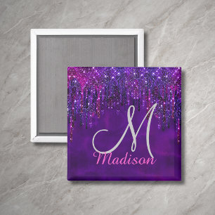 Íman Cute Purple pink Unicorn Glitter Drips monogram