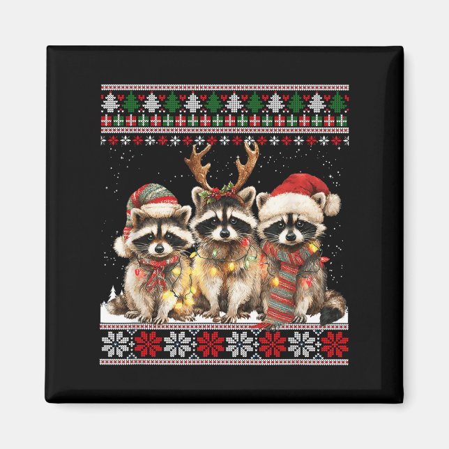 Íman Cute Raccoon Santa Christmas Lights Ugly Xmas Swea (Frente)