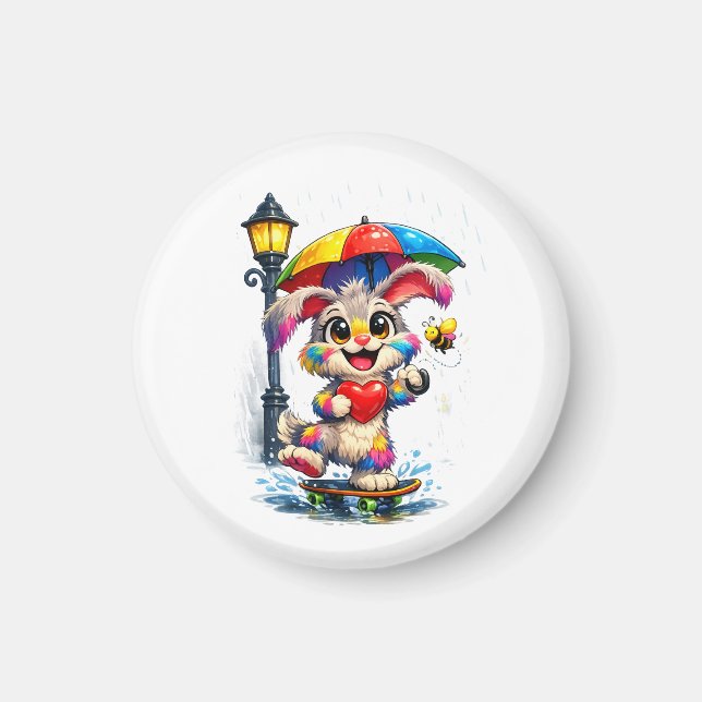 Íman Cute Rainbow Bunny with Umbrella Design (Frente)