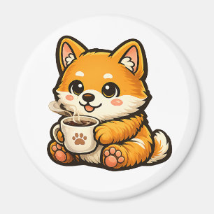Íman Cute Shiba Inu com Café – Ilustração de Cachorro A