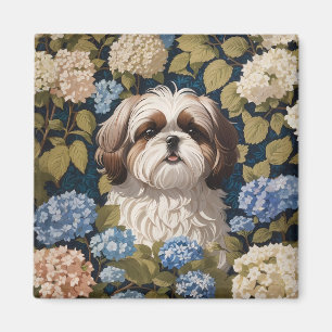 Íman Cute Shih Tzu Puppy Blue hydrangea flores