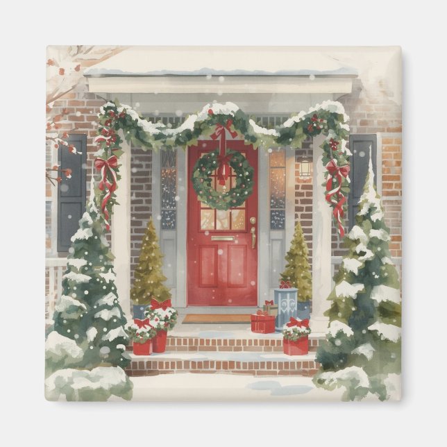Íman Cute Snowy Christmas Porch  (Frente)