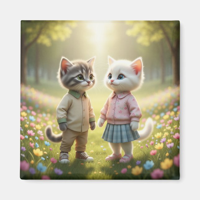 Íman Cute Spring Cat Magnet | Tom & Luna Flower Meadow  (Frente)