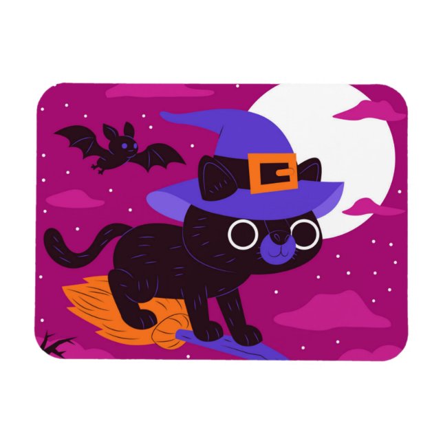 Íman Cute Witch Cat Flying on Broom Halloween Kawaii (Horizontal)