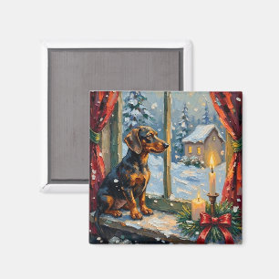 Íman Dachshund Antigo pela Janela Aconchegante de Natal