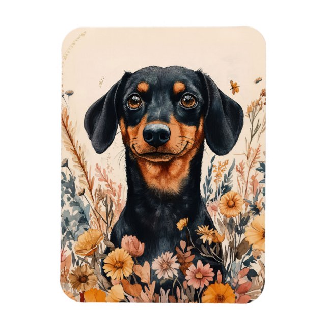 Íman Dachshund Bonito com Flores Selvagens Flexível (Vertical)