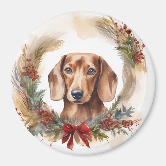 Íman Dachshund Christmas Wreath Festivo Pup (Frente)
