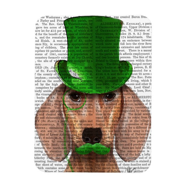 Íman Dachshund com chapéu verde e bigode (Vertical)