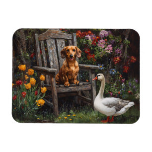 Íman Dachshund com um ganso em um jardim