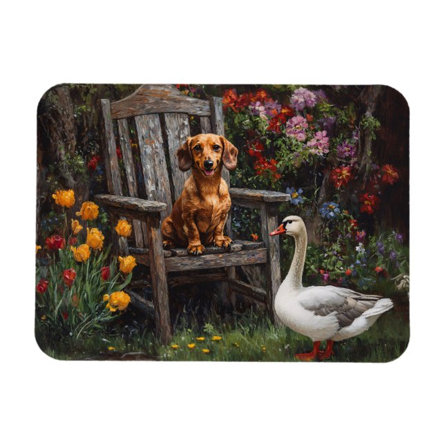 Íman Dachshund com um ganso em um jardim (Horizontal)