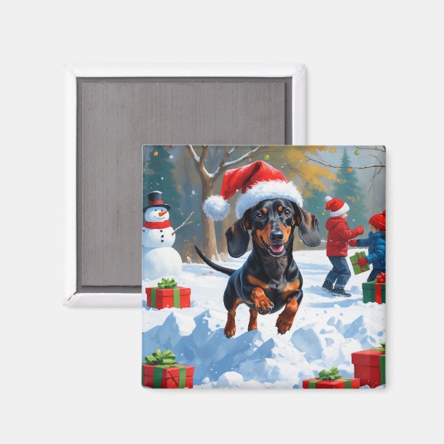 Íman Dachshund Correndo em Neve com Chapéu de Natal (Front/Back)
