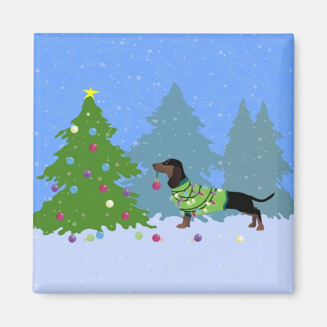 Íman Dachshund Decorando Árvore de Natal em floresta (Frente)