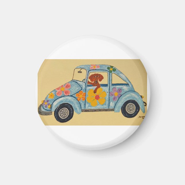 Íman Dachshund em carro hippie (Frente)