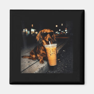 Íman Dachshund Engraçado Bebendo Café Gelado Meme de Ca