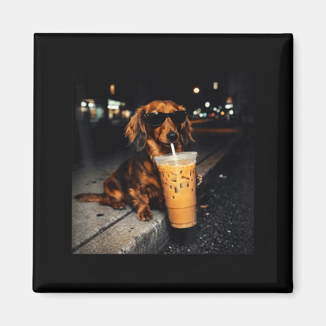 Íman Dachshund Engraçado Bebendo Café Gelado Meme de Ca (Frente)