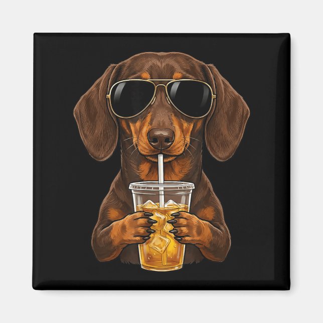 Íman Dachshund engraçado bebendo café gelado meme de ca (Frente)
