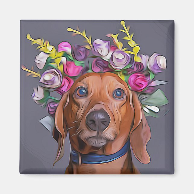 Íman Dachshund Fechar As Flores De Dachshund Vestindo (Frente)