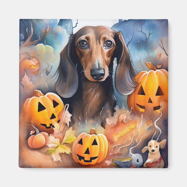 Íman Dachshund Halloween Com Pumpkins Assustado (Frente)
