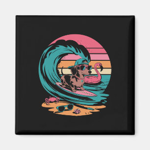 Íman Dachshund Legal Surfando Onda Com Flamingo E Sóis