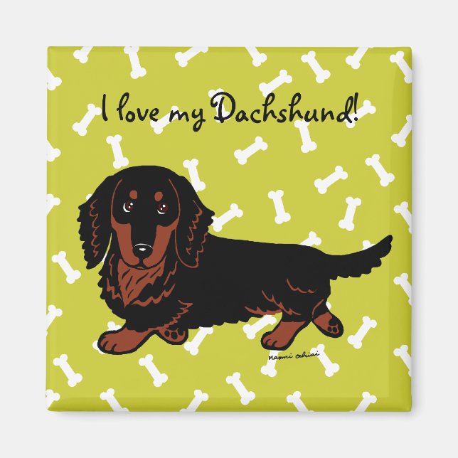 Íman Dachshund Long Haired Black e Tan (Frente)