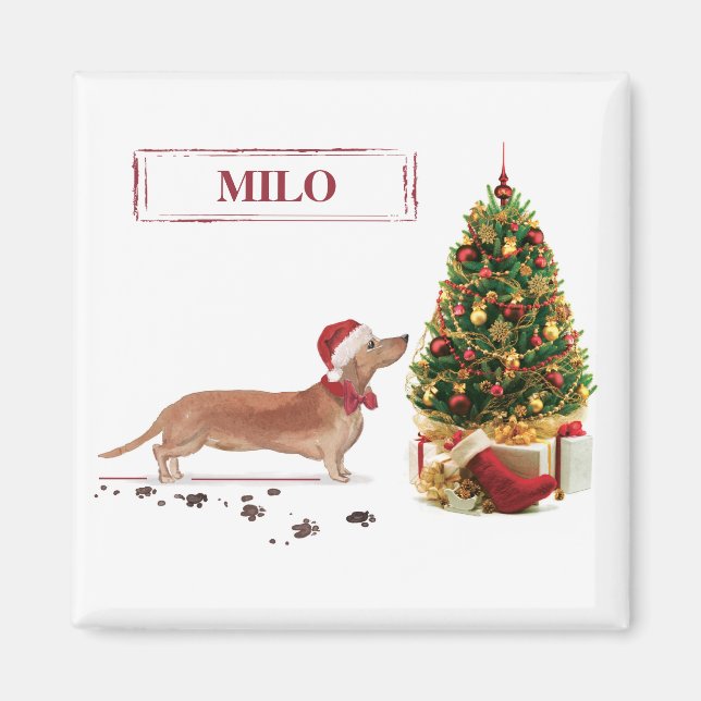 Íman Dachshund Marrom Engraçado Cachorro Natal com Árvo (Frente)