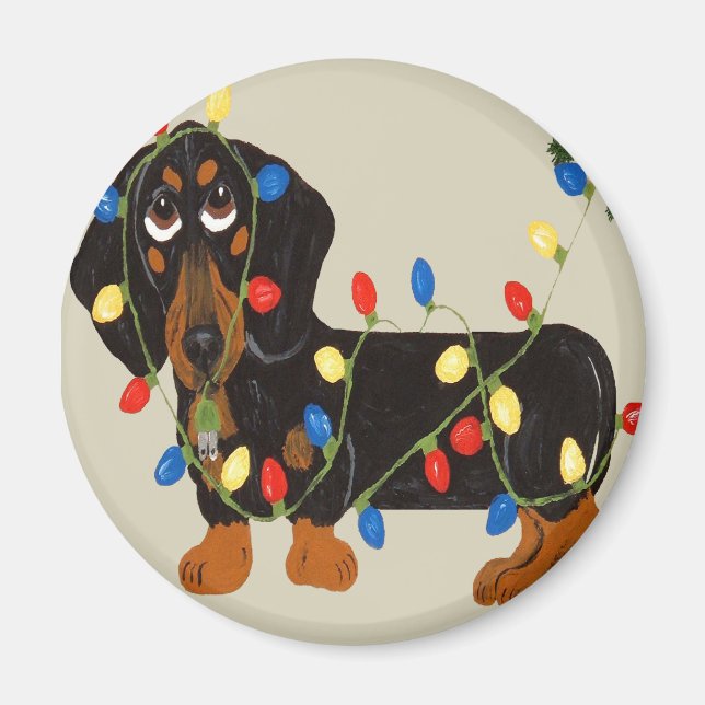 Íman Dachshund Tangido Em Luzes De Natal Blk/Tan (Frente)