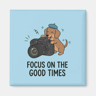 Íman Dachshund With Camera "Focus on Good Times" Blue