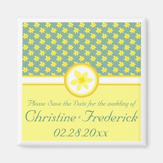 Íman Daffodil Wedding, imã salve a data quadrada (Frente)