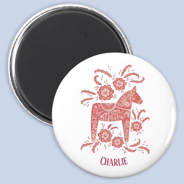 Íman Dala Horse Swedish Personalizado (Swedish Dala Horse red and white folk art personalized name magnet)