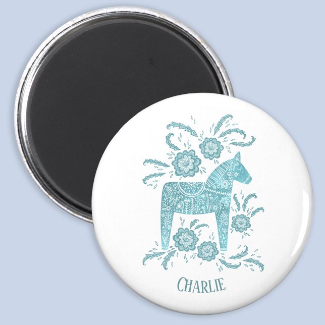 Íman Dala Horse Teal Folk Art Nome Personalizado (Swedish Dala Horse personalized custom name magnet)
