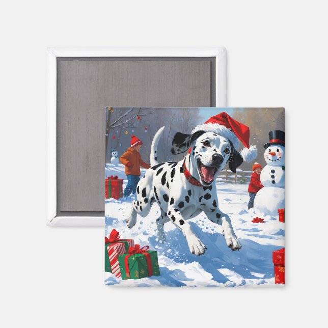 Íman Dálmata Correndo na Neve com Chapéu de Natal (Front/Back)