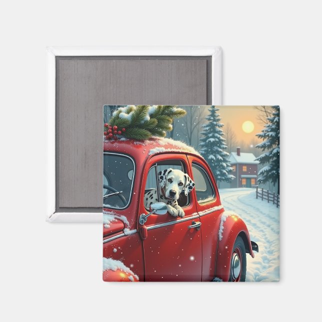Íman Dalmatian Snowy Car Ride Christmas Painting (Front/Back)