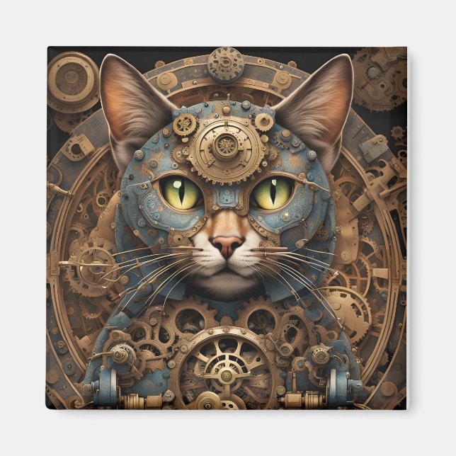 íman de arte AI de gato-de-steampunk azul (Frente)