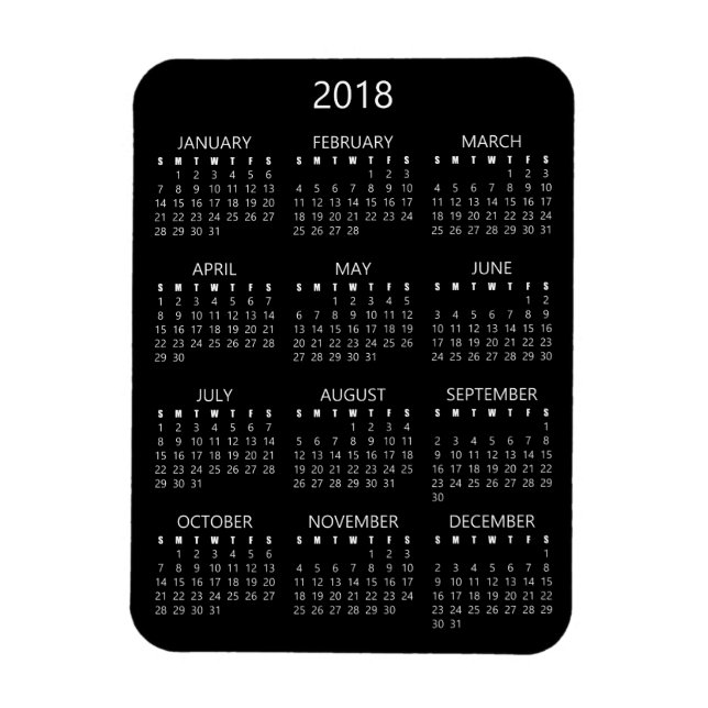 Íman de calendário de 2018 - Preto (Vertical)