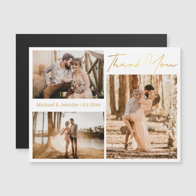 íman de casamento de colagem de 3 fotos obrigado d (Frente/Verso)