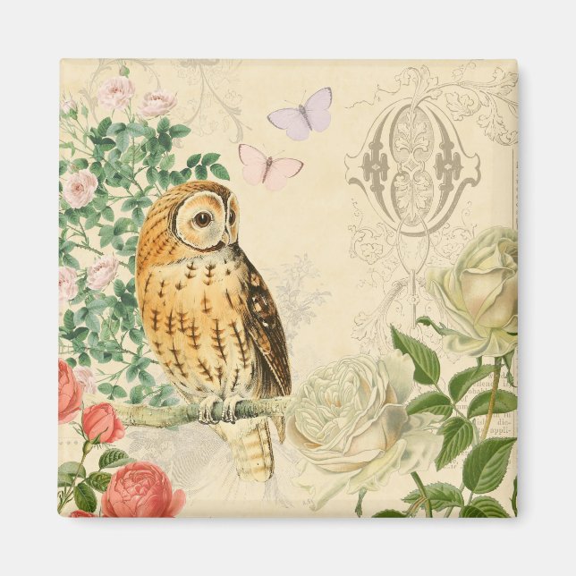Íman de coruja floral com belos rosas (Frente)