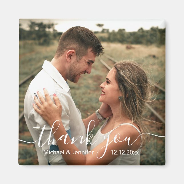 íman de foto de casamento com letra chic obrigado (Frente)