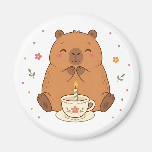 Íman de Xícara de Aniversário de Capivara Fofa (Frente)