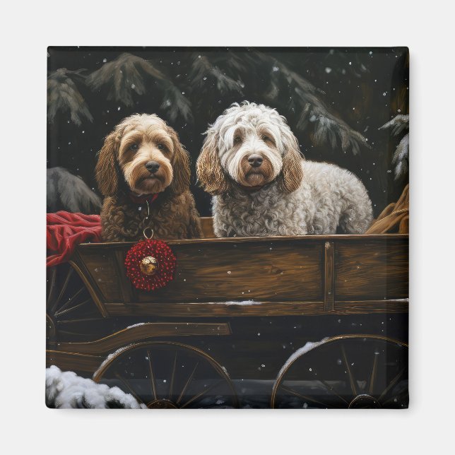 Íman Decado de Natal Cockapoo Snowy Sleigh (Frente)