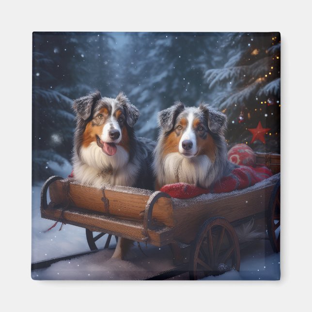 Íman Decoração de Natal Australian Shepherd Snowy Sleig (Frente)